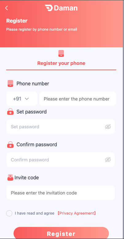 Daman Game register screen image for mobile account creation