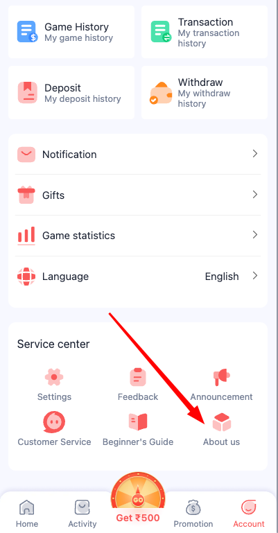 Daman Game service center and support menu image