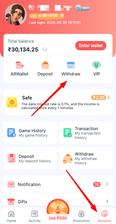 Daman Game wallet and account overview image